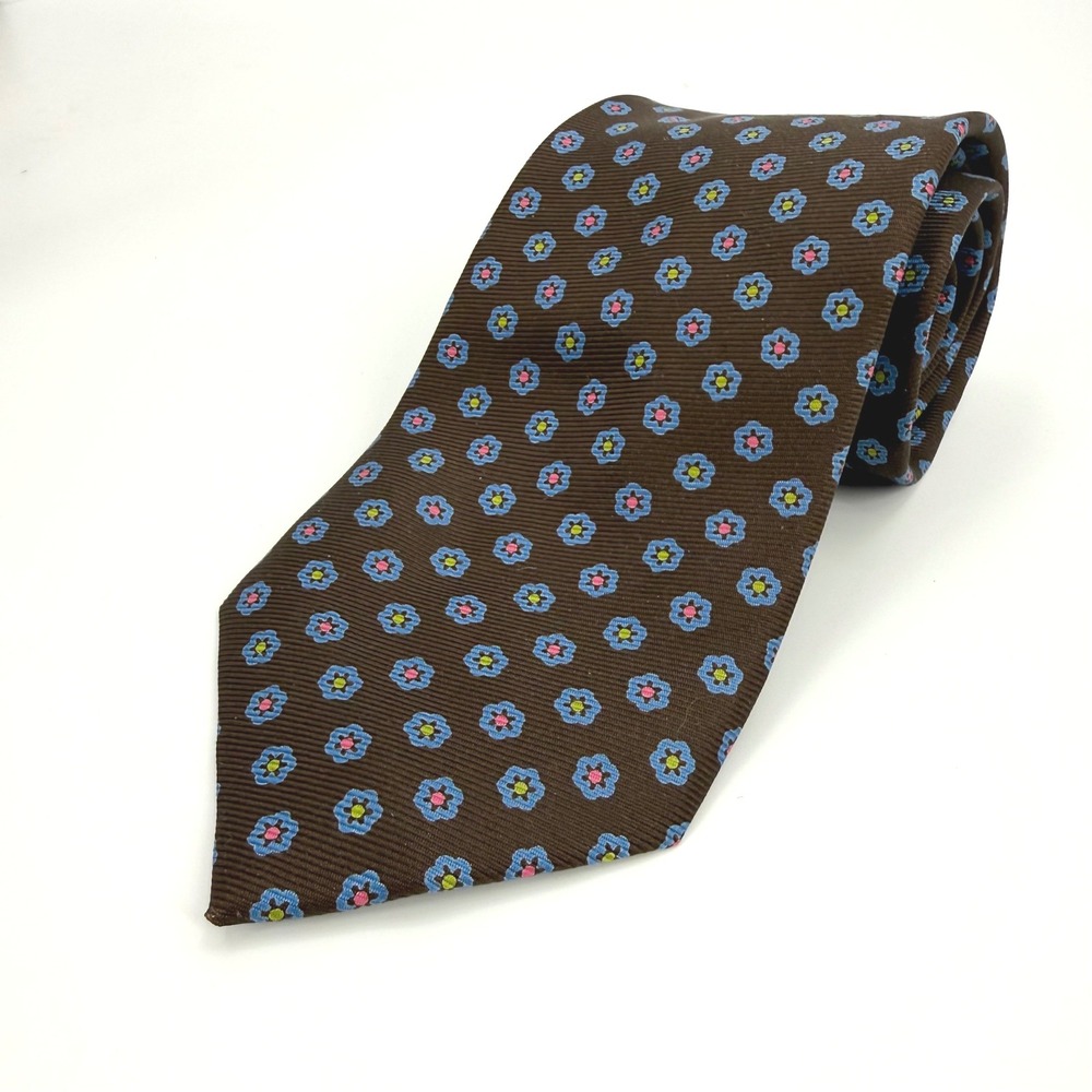 Drake's London Brown Mini Floral Print 100% Silk Tie Handmade in England